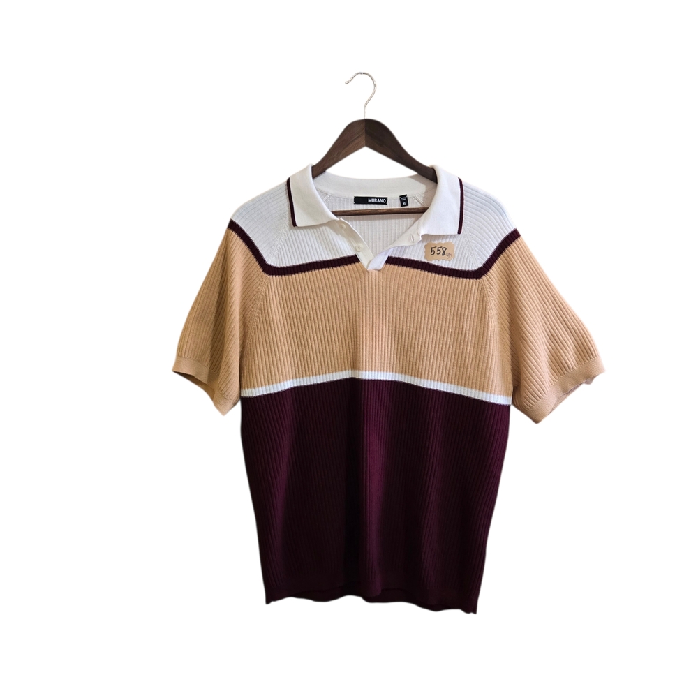 Murano Women's Polo‎ Sweater Size XL Short Sleeve Cranberry White Cotton Blend